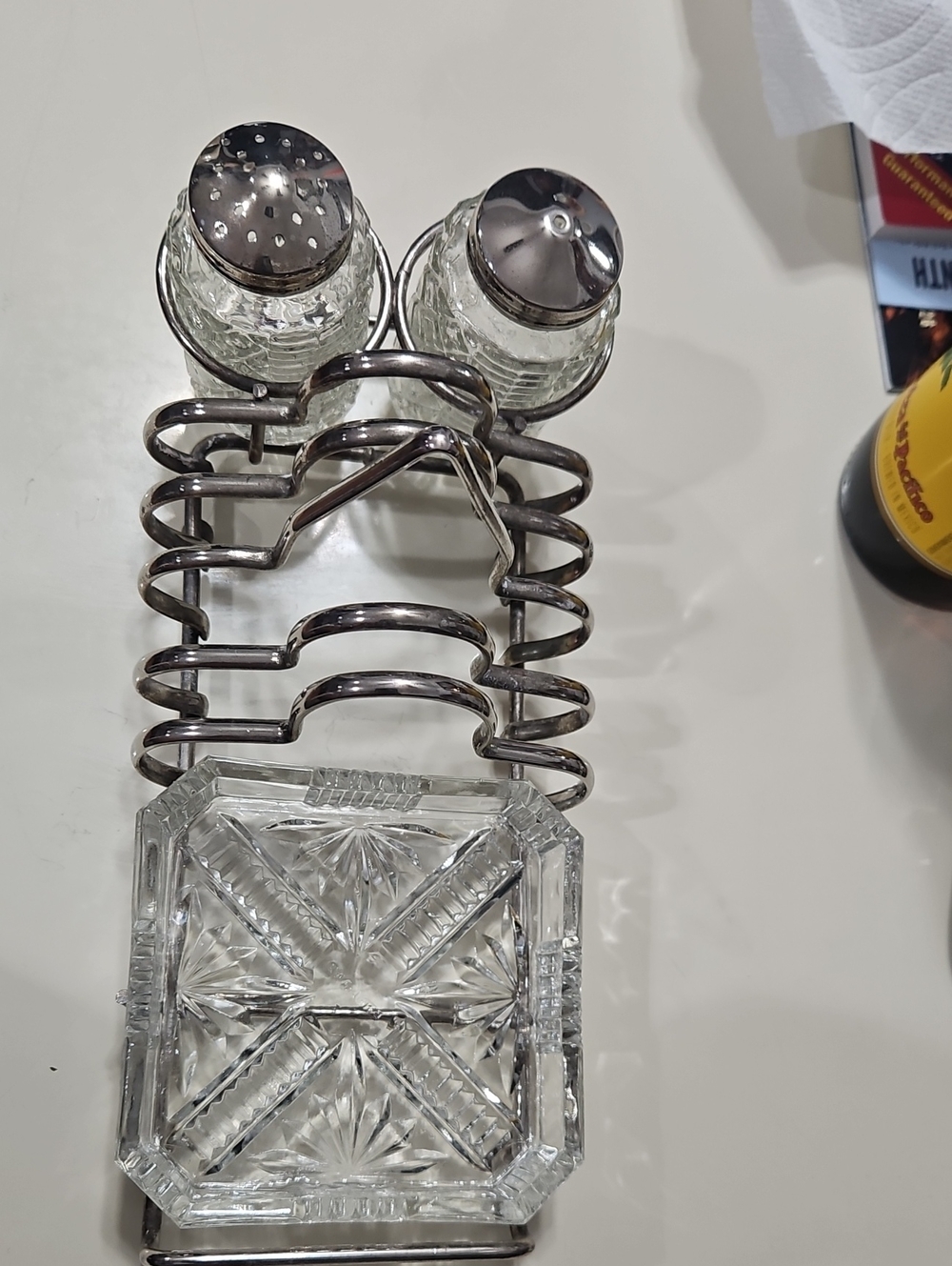 Glass Salt & Pepper Shaker Set with Crystal Napkin Holder - Clear and Silver